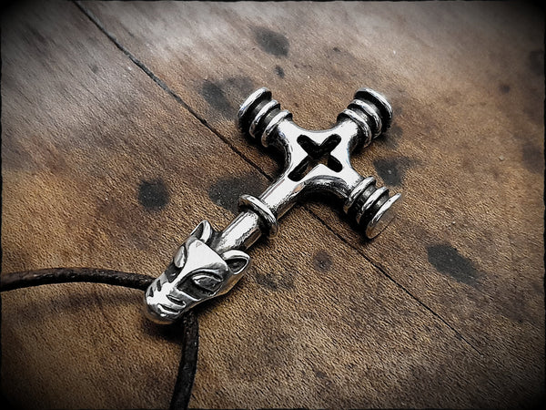 Sterling Silver Viking Wolf Cross Hammer Mjölnir Pendant