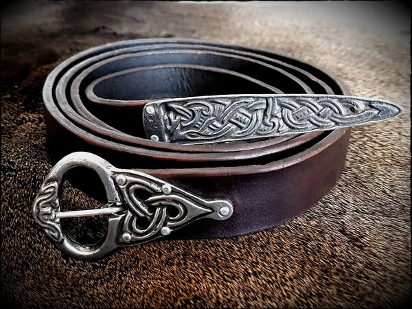 Viking Saxon Celtic Leather Belt with Pewter Buckle and Strap End