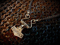 Bronze Raven Mjolnir Thors Hammer from Skane with Viking Knit Chain